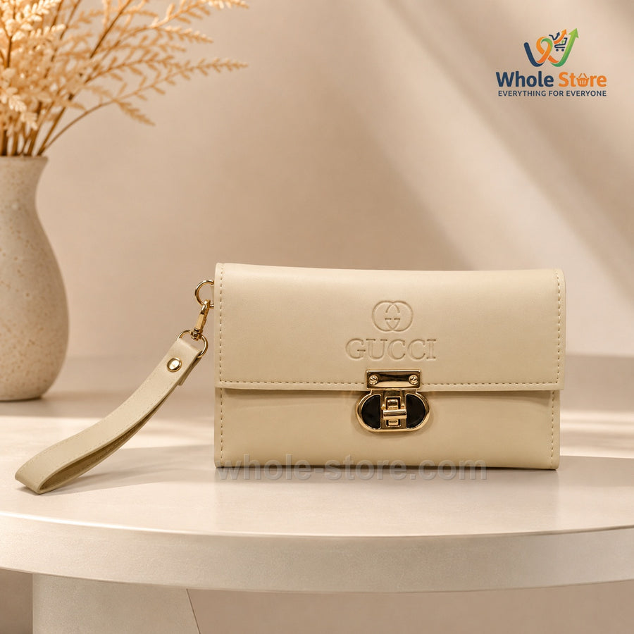 Beige Turn-Lock Flap Clutch