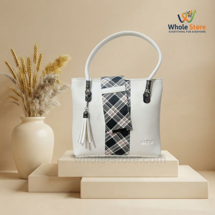 White Handbag with Plaid Stripe