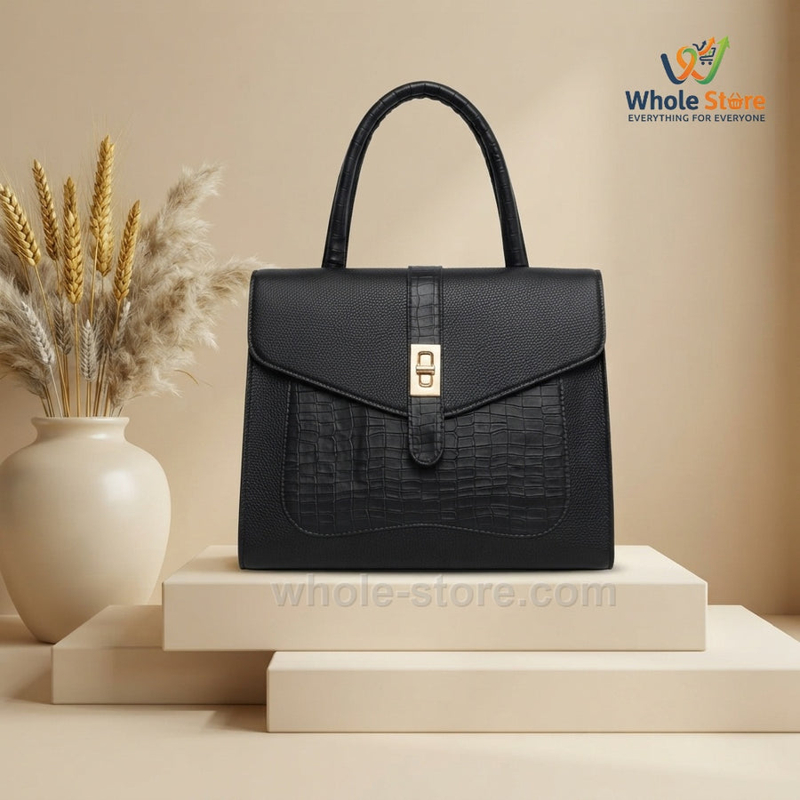 Black Croc-Embossed Flap Handbag