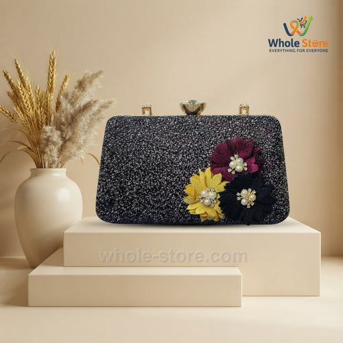 Black Glitter Evening Clutch with Floral Appliques
