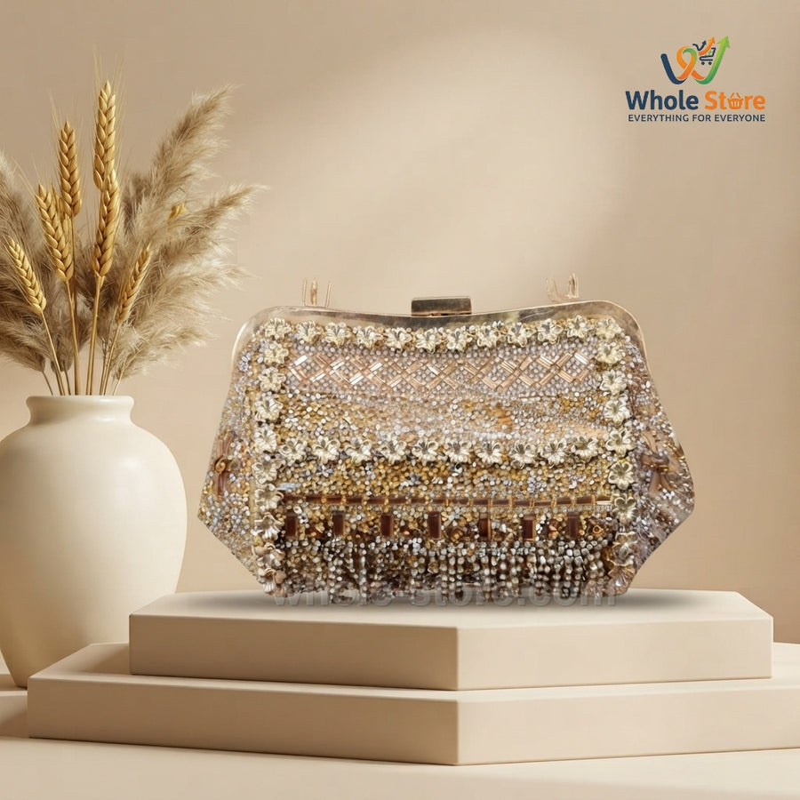 Luxury Gold Beaded and Crystal Embellished Evening Clutch