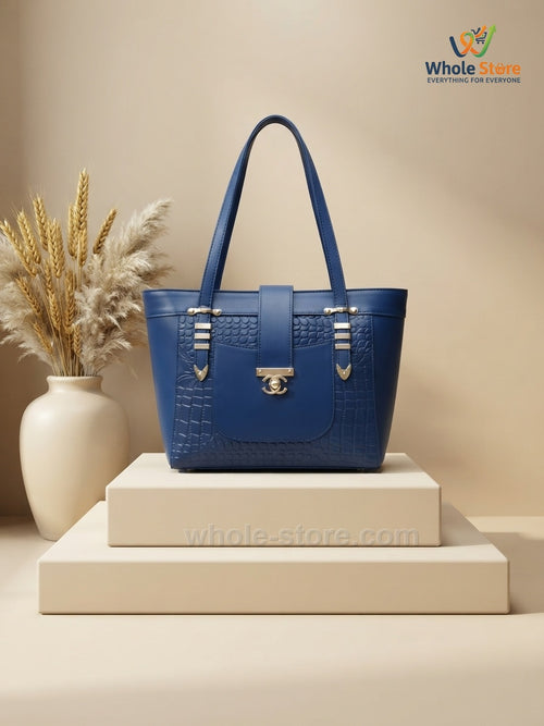 Blue Croc-Panel Structured Tote Bag