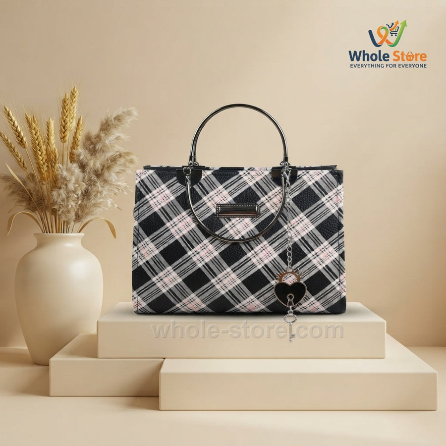 Black and Pink Plaid Metal-Handle Handbag