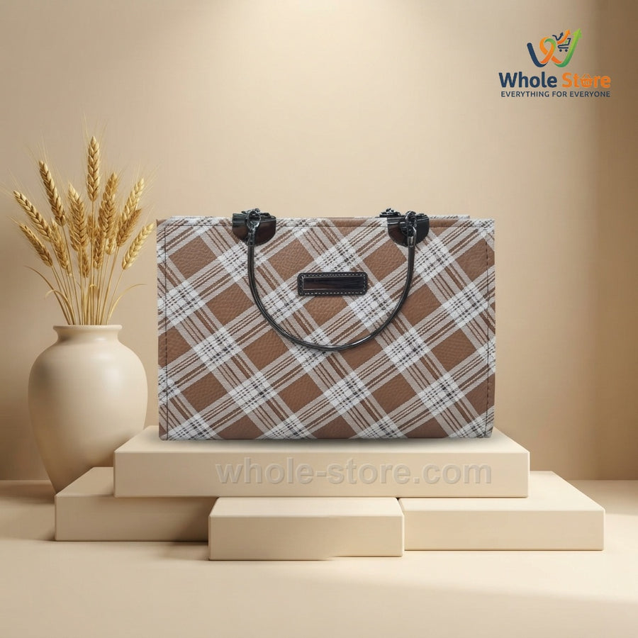 Brown and White Plaid Patterned Tote Bag