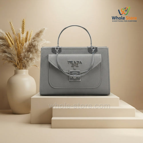 Grey Structured Top-Handle Bag with Circular Metal Rings