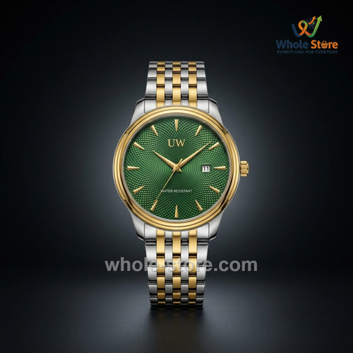 UW Luxury President-Style Men's Dress Watch (Emerald Green Dial & Two-Tone Bracelet)