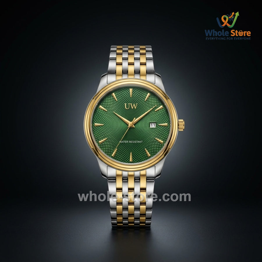 UW Luxury President-Style Men's Dress Watch (Emerald Green Dial & Two-Tone Bracelet)