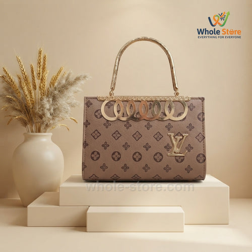 Brown Monogram Print Handbag with Gold Cutout Handle