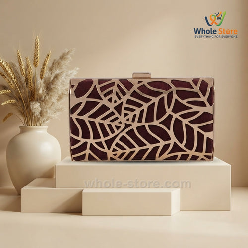 Maroon Velvet Rose Gold Leaf Clutch