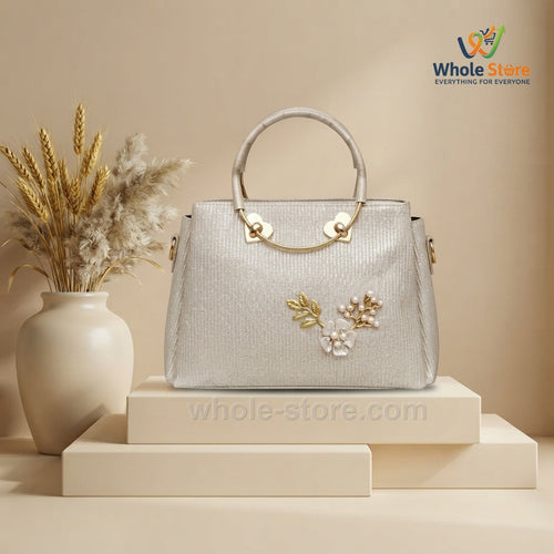 Shimmer Silver Top-Handle Bag with Pearl Floral Accent