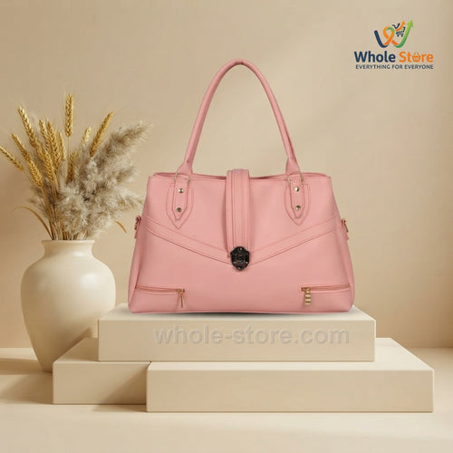 Pink Structured Tote Bag with Front Zipper Pockets