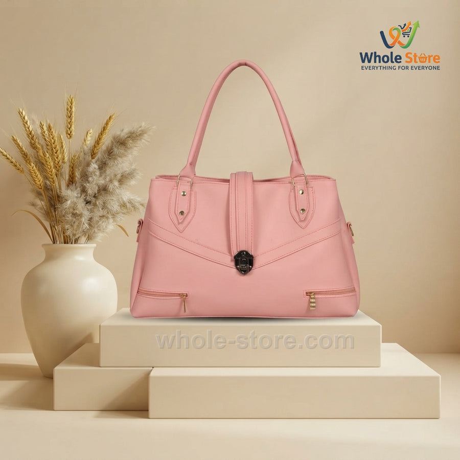 Pink Structured Tote Bag with Front Zipper Pockets