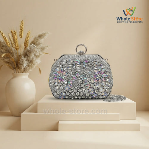 Silver Crystal Embellished Evening Clutch