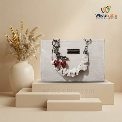 White Everyday Tote Bag with Ruffled Strap and Cherry Charm