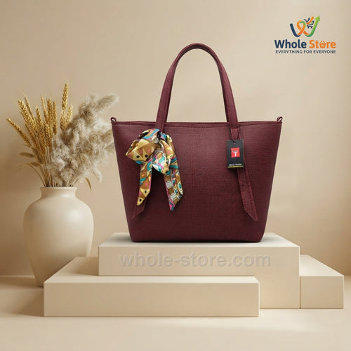 Deep Maroon Tote Bag with Printed Silk Scarf Accent