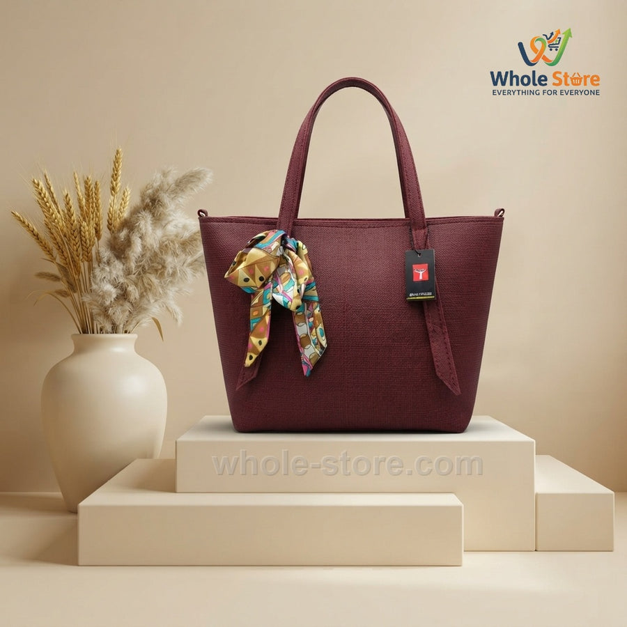 Deep Maroon Tote Bag with Printed Silk Scarf Accent