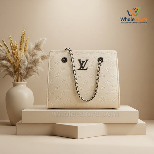 Cream-Colored Monogram Tote Bag with Chain Straps