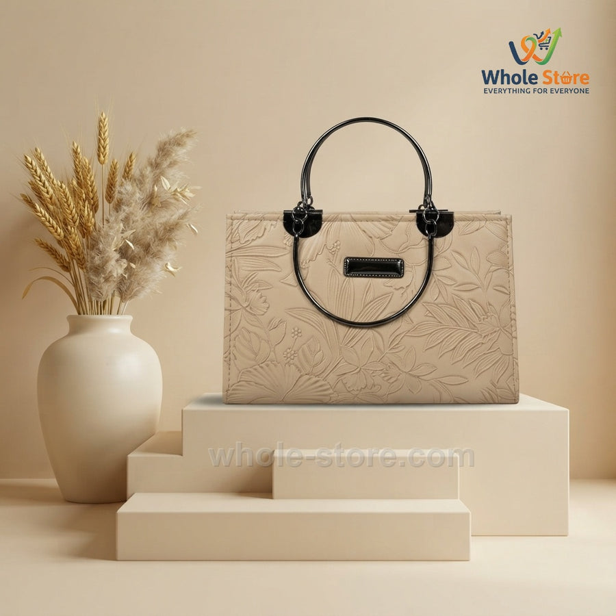 Beige Floral Embossed Top-Handle Handbag