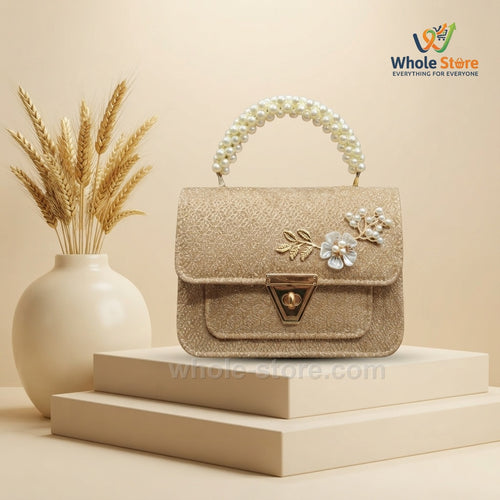 Metallic Gold Jacquard Clutch with Pearl Handle