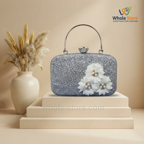 Silver Glitter Evening Clutch with Floral Appliques