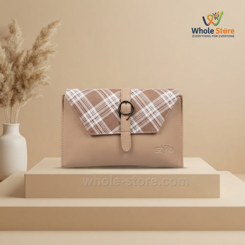 Beige Envelope Clutch with Brown Plaid Flap
