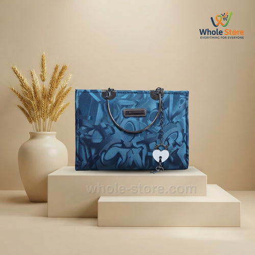 Blue Graffiti Print Tote Bag with Heart Charm