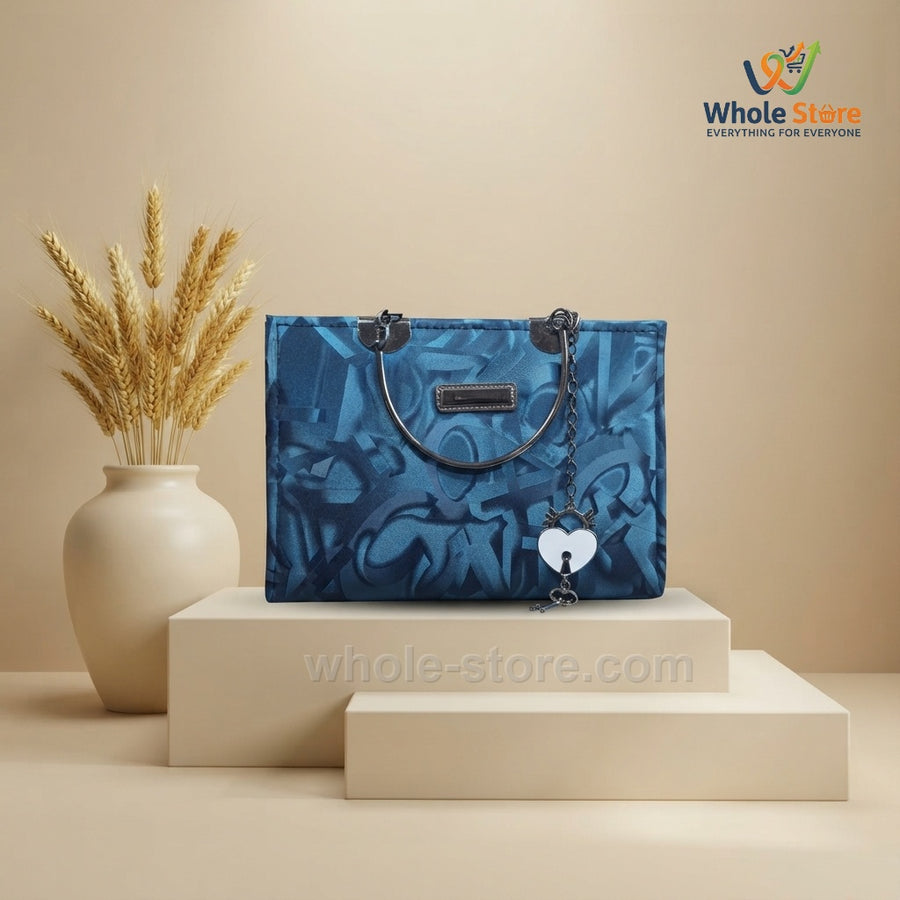 Blue Graffiti Print Tote Bag with Heart Charm