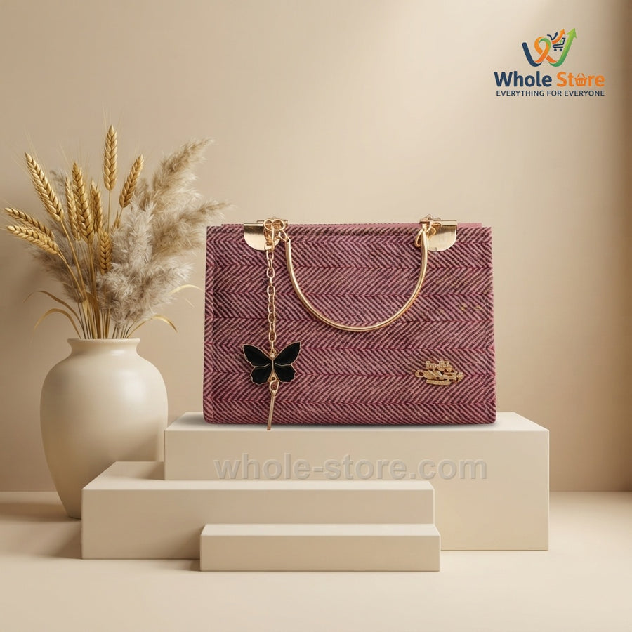Maroon Herringbone Pattern Handbag with Butterfly Charm