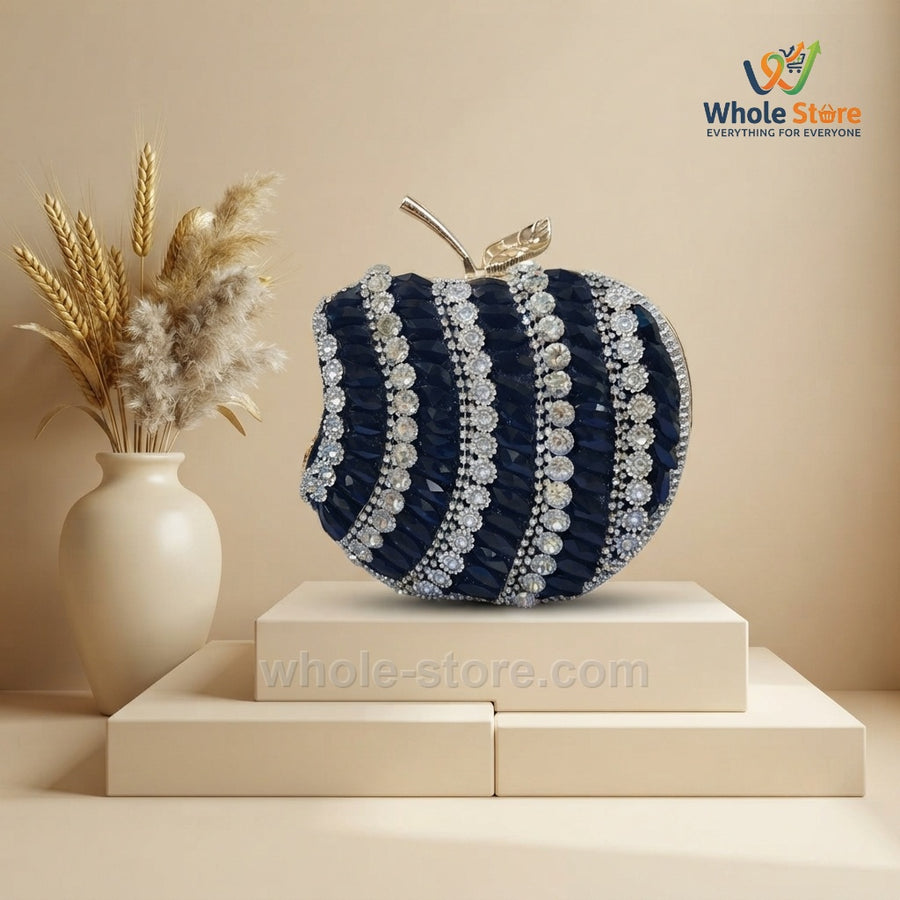 Navy Blue and Silver Crystal Apple Evening Clutch
