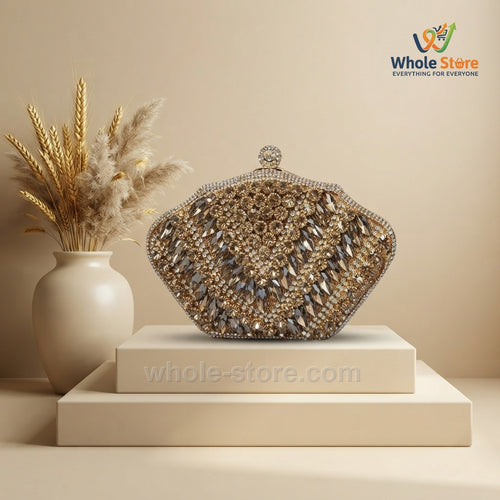 Golden Brown Crystal Embellished Evening Clutch