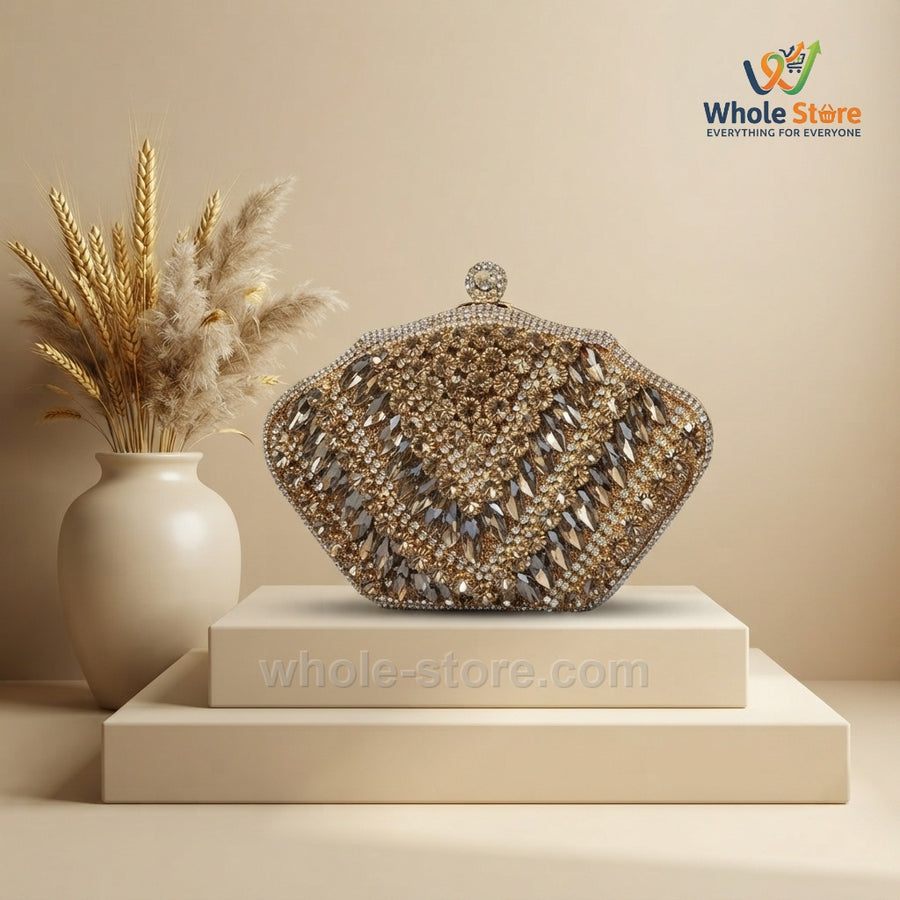 Golden Brown Crystal Embellished Evening Clutch