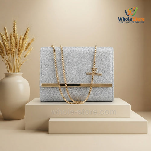 Silver Glitter Evening Clutch with Chain Strap