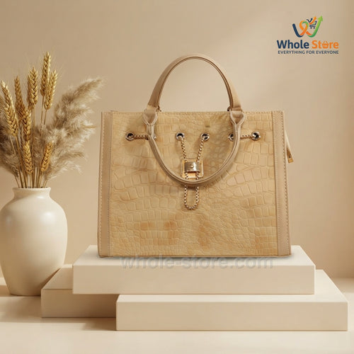 Beige Crocodile-Embossed Tote Bag
