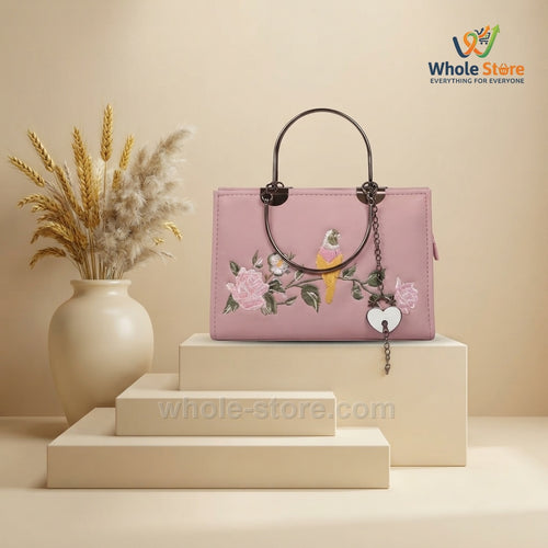 Pink Embroidered Bird & Floral Tote Bag