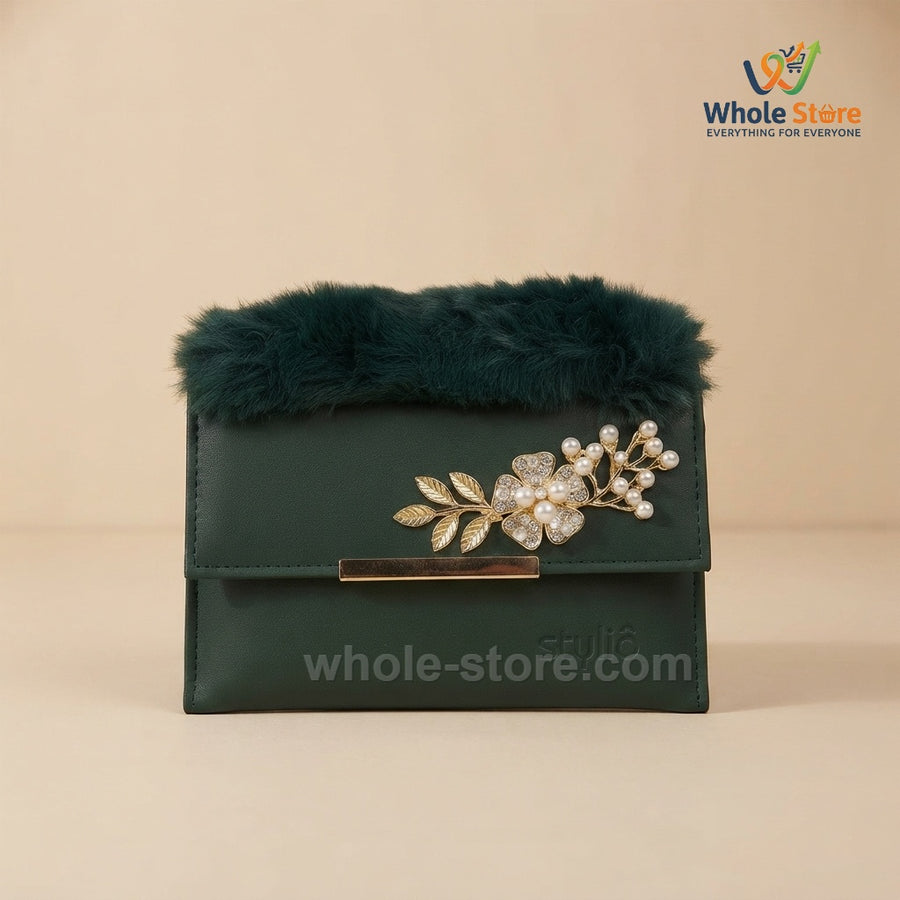 Dark Green Fur-Trimmed Floral Clutch