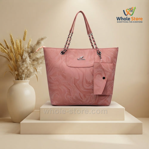 Pink Marble-Effect Tote Bag with Attached Pouch