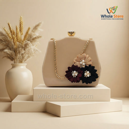 Beige Evening Clutch with Floral Appliques