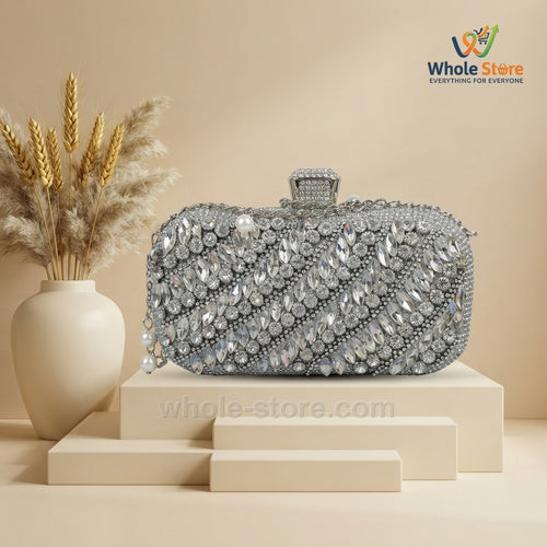 Silver Diagonal Crystal Evening Clutch