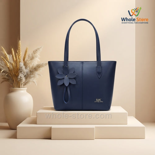 Navy Blue Tote Bag with Floral Charm